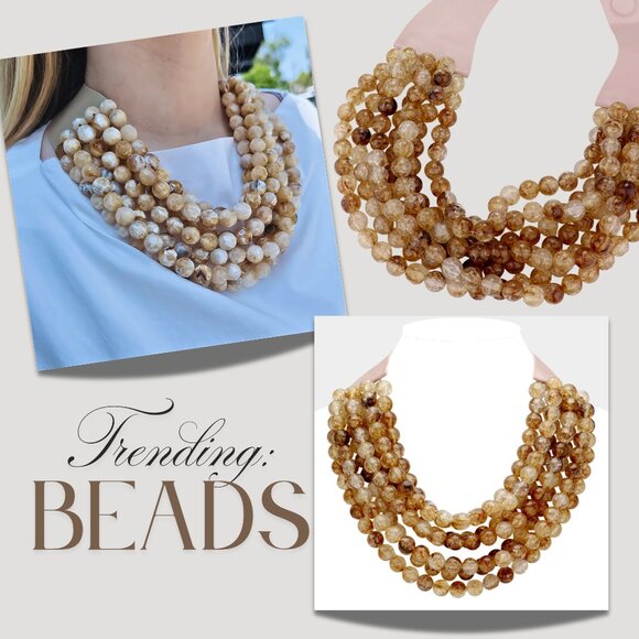 NEW Stunning Hand Beaded 7-Strand Bib Statement Necklace in Beach Sand Shades - Picture 1 of 10